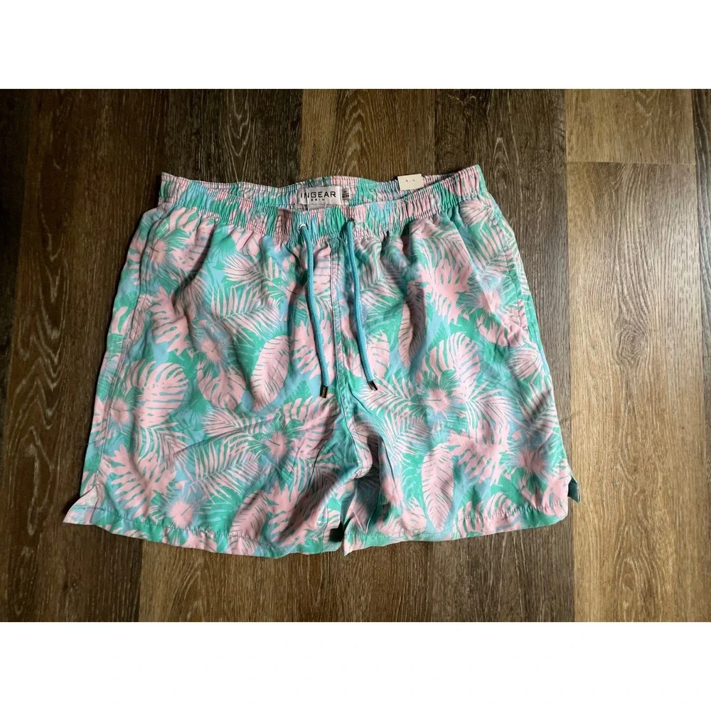 Ingear Swim Trunks Mens‎ Medium M Pink Teal New Tropical Palm Leaf Mesh Lined